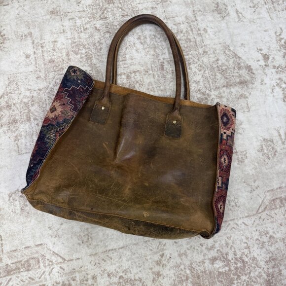 Leather Tote Bag Womens Brown Distressed Southwest Kilim Boho Shoulder Handbag - Picture 1 of 16